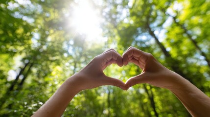 Romantic love theme for Valentines Day. Two hands making a heart shape with their fingers against a backdrop of a lush green forest illuminated by the sun. The sun casts a warm, golden light.