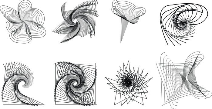 Set of abstract geometric spiral line art designs with minimalist aesthetic for creative design projects and digital art.