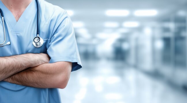 Medical worker in blue uniform with crossed arms and stethoscope on hospital background