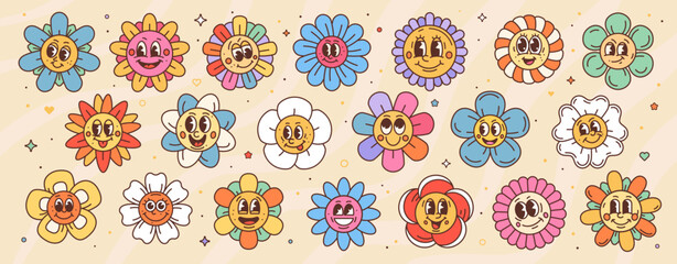 Cartoon cute groovy vector daisy flowers and funky chamomile characters with funny faces in different moods. Happy, surprised, sleepy and laughing retro groovy flowers or daisy emoji emoticons © Seavector