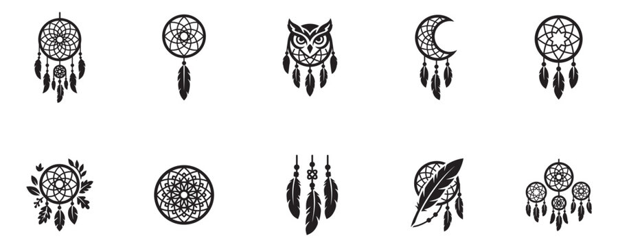 Dreamcatcher and bohemian amulet icon set. Native American traditional symbols with feathers and moon. Vector Illustration.