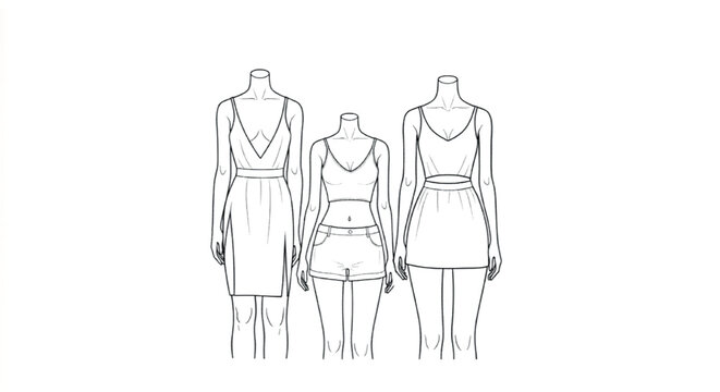 Fashion technical sketch of female mannequins, apparel flat vector set with summer dress and crop top, clothing design templates for manufacturing