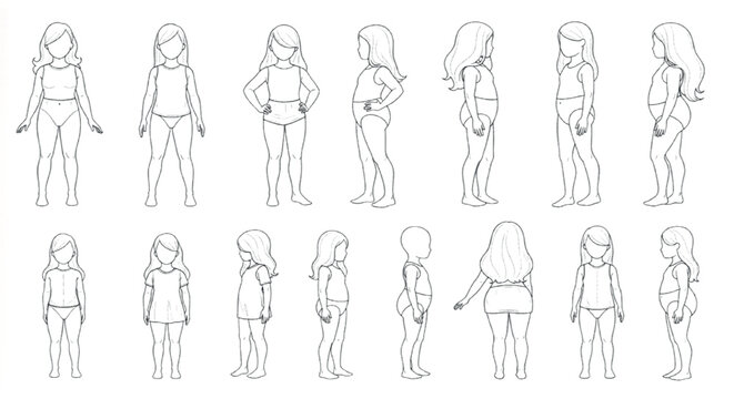 Girl fashion croquis template set, female child body outline for technical drawing, 15 vector mannequin poses for garment design and apparel sketches