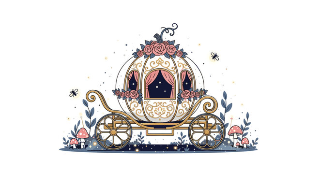 An ornate pumpkin carriage decorated with pink floral garlands and gold filigree details rests in a magical forest clearing with glowing fireflies on a white background.