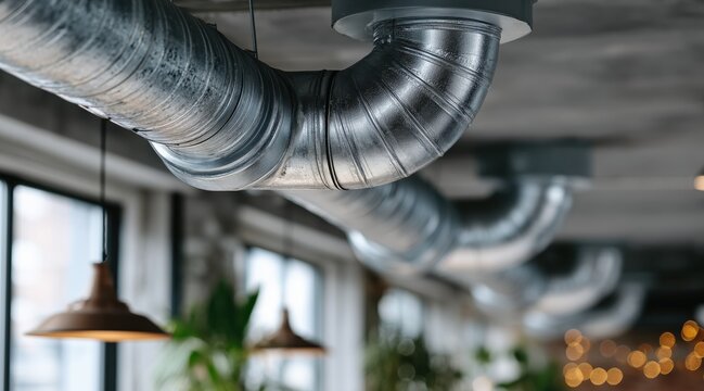 Industrial ventilation pipes under ceiling in modern cafe interior