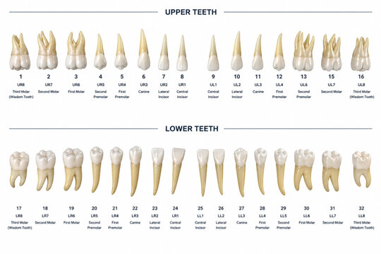 The image illustrates a complete anatomical chart of the permanent human teeth, categorized into "Upper Teeth" and "Lower Teeth." Each tooth is individually numbered (1&ndash;32) and labeled with its specif