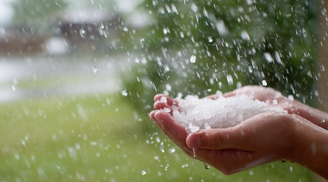Hands holding pile of ice hail during storm outdoors