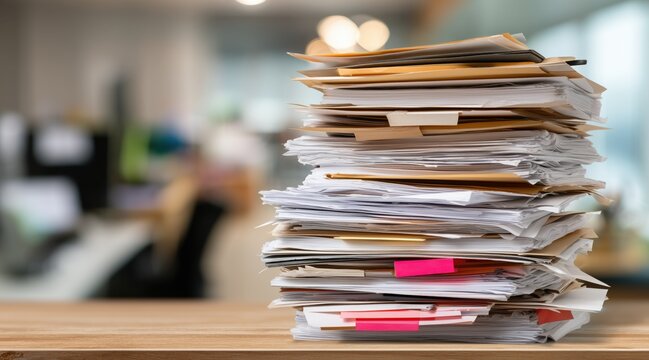 Large pile of paperwork and file folders on office desk in blurred interior