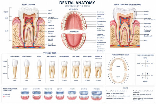 a comprehensive educational poster illustrating "Dental Anatomy." It features detailed cross-sections of tooth structures (enamel, dentin, pulp), a map of the upper and lower dental arches, and a guid