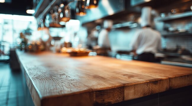 Empty wooden table in professional kitchen with blurred chefs in background