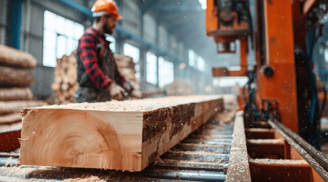 Wood timber processing with large cut log on conveyor belt and worker in sawmill