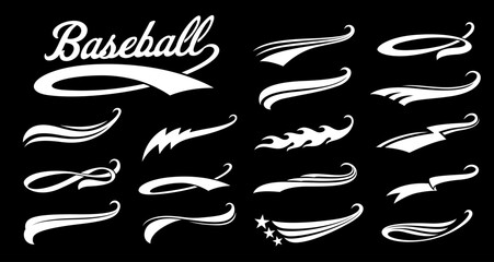 Naklejka premium Retro baseball or basketball sport ribbon swooshes, american swish and swash font underline tails. Baseball retro vector swoosh ribbon, basketball swish font underline. Sport handdrawn swash tail