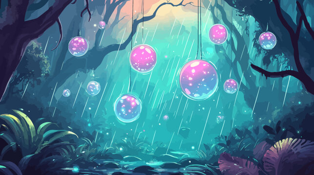 A fantastical, digitally-rendered forest scene, glowing orbs hanging amidst rain and lush vegetation
