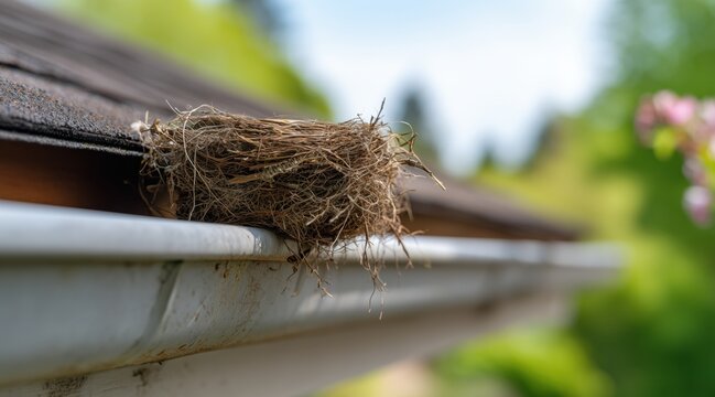 bird nest in white roof gutter