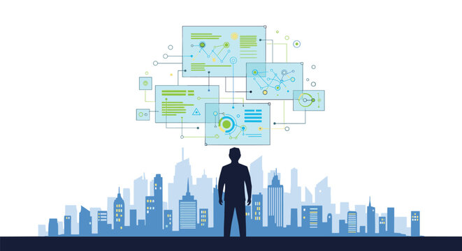 A dark human silhouette looks up toward a cluster of interconnected digital data panes and complex network nodes positioned over a stylized city skyline backdrop.