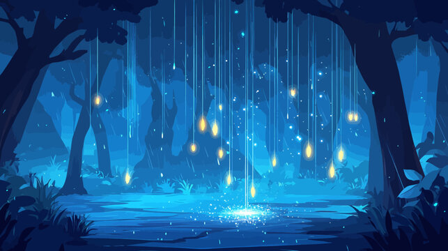 A serene forest at night, illuminated by glowing orbs and cascading light, evokes mystery