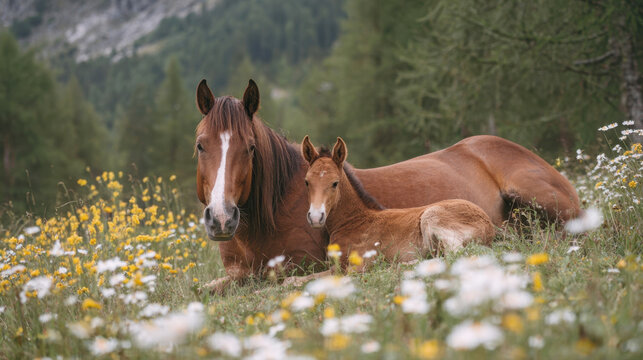 Beautiful Brown Horse and Her Young Foal Resting Together in a Lush Mountain Meadow Filled with White and Yellow Wildflowers Representing Motherhood Nature Peace and Animal Care in the Countryside.