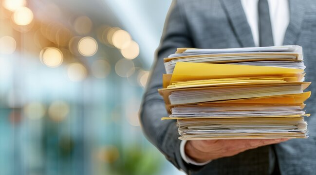 Businessman in suit holding large stack of documents and file folders