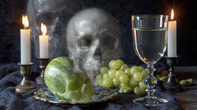 Dog ghost overlay on Flemish skull candles and grapes in ominous baroque vanitas tableau