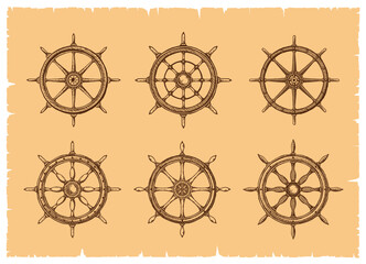 Ship steering wheels or rudders and helm sketches geographic map elements, vector icons. Ancient ship helm and sailboat rudder or steering wheel in engraving etching for pirate marine map © Seavector