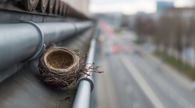 Empty bird nest resting on metal rain gutter pipe overlooking busy city street
