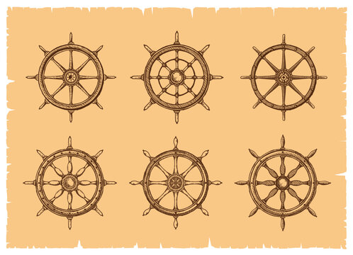 Ship steering wheels or rudders and helm sketches geographic map elements, vector icons. Ancient ship helm and sailboat rudder or steering wheel in engraving etching for pirate marine map