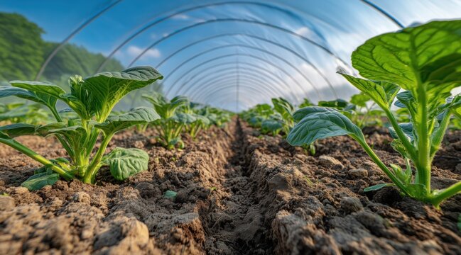Young green vegetable seedlings growing in rows under greenhouse tunnel