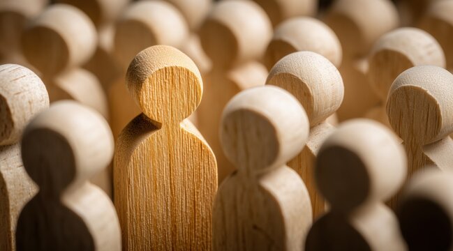 Group of wooden peg figures with one standing out from crowd