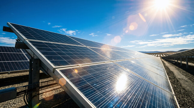Rows of photovoltaic solar panels reflecting sunlight on a bright sunny day in an open field