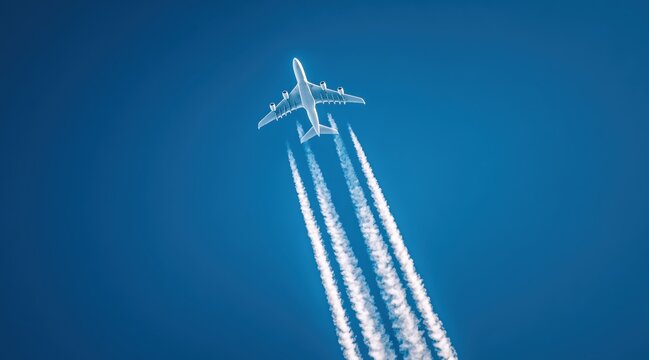 Large passenger airplane flying in clear blue sky with four white contrails