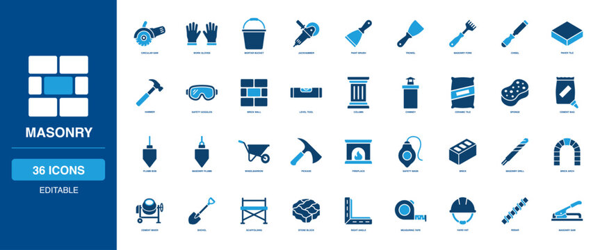 Construction Builder and Masonry Solid Icon Set Assembling Circular Saw Mortar Jackhammer Trowel Paver Tile Chimney Sponge Cement Plumb Bob Brick Arch Scaffolding Rebar Measuring Tape Tool