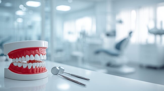 denture model and dental mirror on table in clinic
