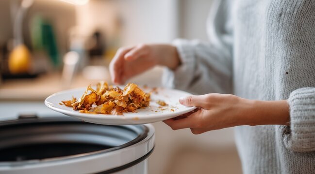 Person scraping food leftovers from white plate into trash bin