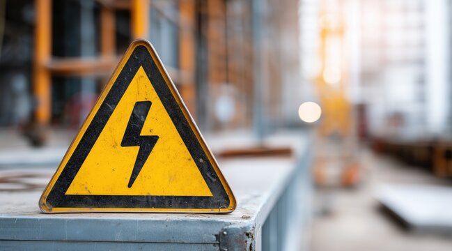 Triangular high voltage warning sign on industrial site
