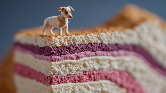 White cream puppy looking forward from cake layer edge in dreamy tilt-shift food art
