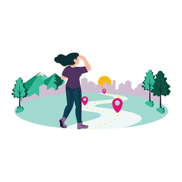 Woman walking on a path with location markers in nature Vector