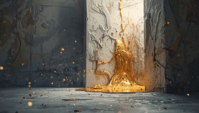 The grey wall with a square cutout where gold liquid and geometric fragments are exploding outward.