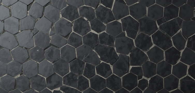 Dark gray hexagonal stone tiles with grout, mosaic pattern