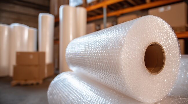 rolls of plastic bubble wrap in warehouse for shipping and packaging