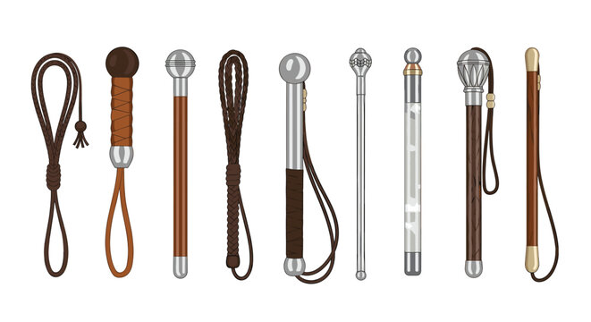 A horizontal collection of various wooden and metal batons and police nightsticks arranged in a neat row against a solid white background with high contrast.