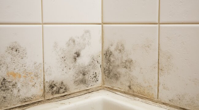Black mold and mildew on white ceramic tiles in bathroom corner