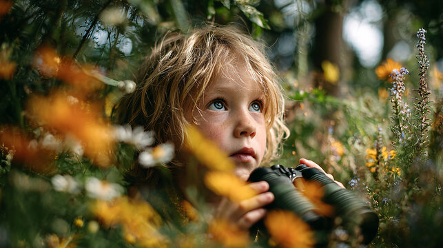 Funny, curious young boy looking to binocular outside in nature