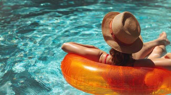 Woman wearing straw hat floating on orange inflatable ring in swimming pool