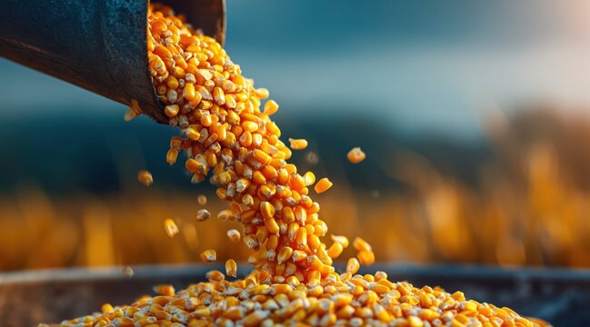 Golden corn kernels pouring from harvester pipe into trailer during autumn harvest season