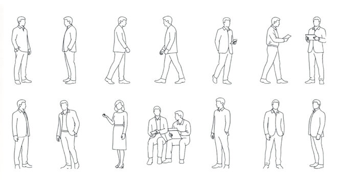 Minimalist architectural people vector set, black line drawing of business characters, 14 diverse human figures in professional poses for scale and rendering