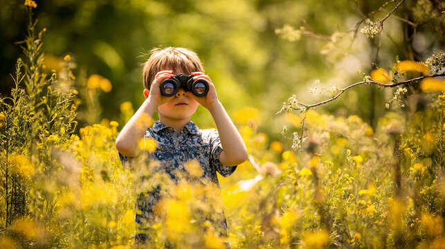 Funny, curious young boy looking to binocular outside in nature