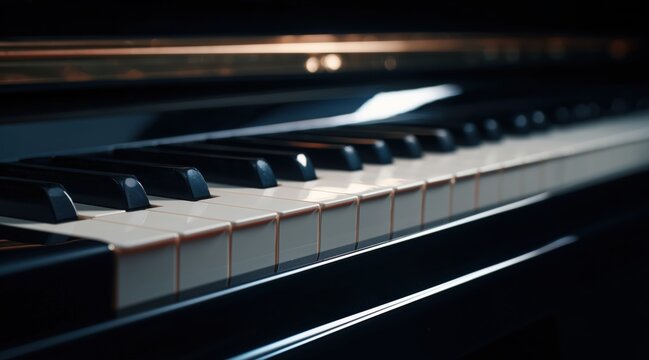 Close up of piano keys with cinematic lighting and reflections