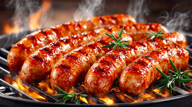 Juicy fried sausages are cooked over an open grill fire, a close-up of delicious meat with a golden crust, a concept of barbecue, picnic, and delicious fried food.