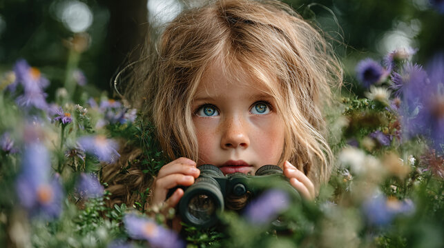 Funny, curious young girl looking to binocular outside in nature