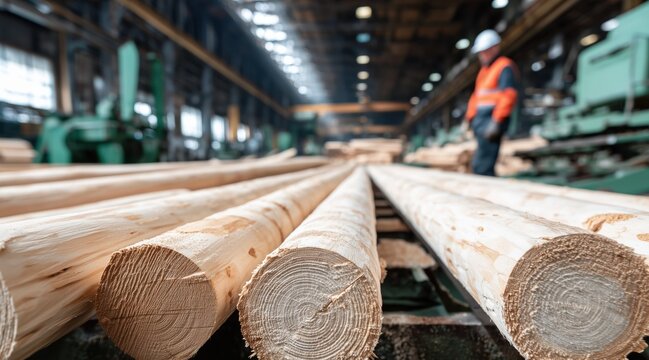 Debarked wooden logs on conveyor in sawmill factory with worker in background
